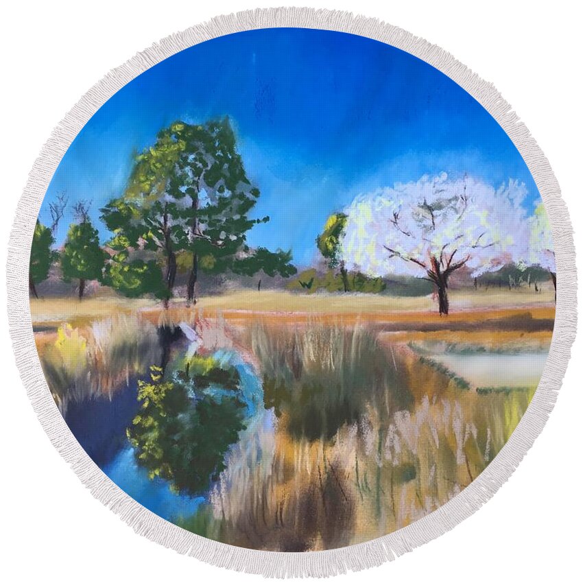 Landscape Round Beach Towel featuring the pastel Bow Creek Golf Course by Brian White