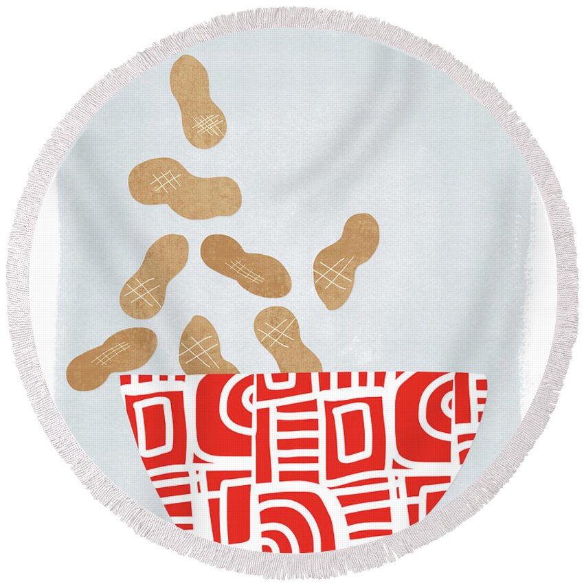 Snacks Round Beach Towel featuring the painting Bowl of Peanuts- Art by Linda Woods by Linda Woods
