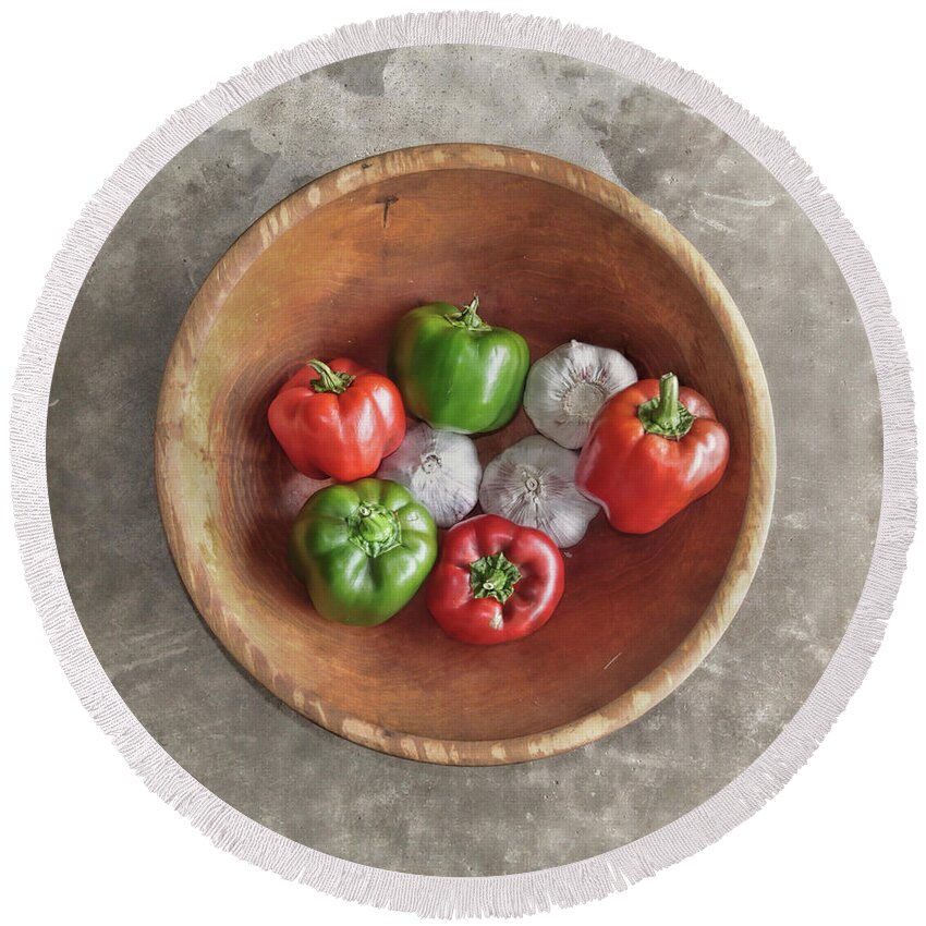Bell Pepper Round Beach Towel featuring the photograph Bowl of Peppers and Garlic by David and Carol Kelly