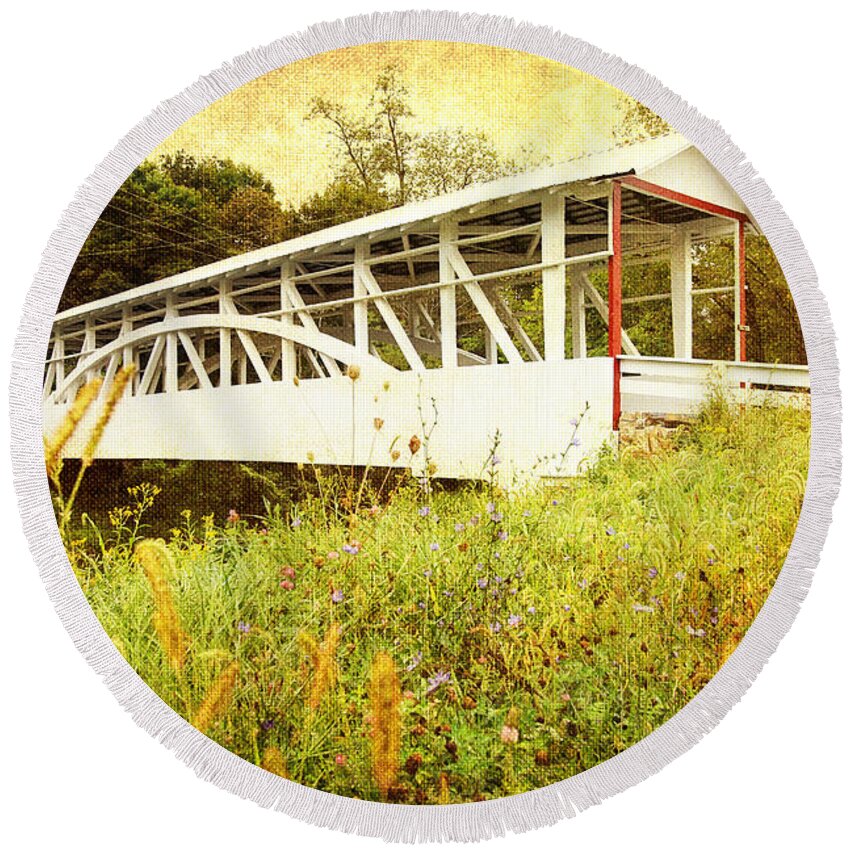 Bridges Round Beach Towel featuring the photograph Bowser Covered Bridge by Trina Ansel