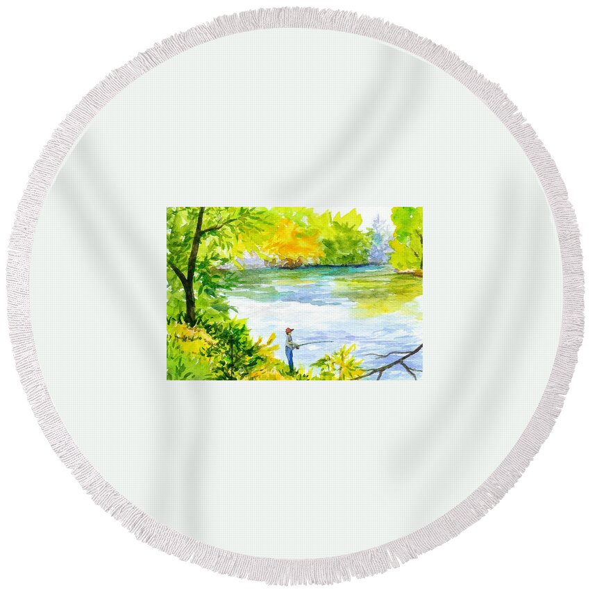 Fishing Round Beach Towel featuring the painting Boy Fisherman by Anne Marie Brown