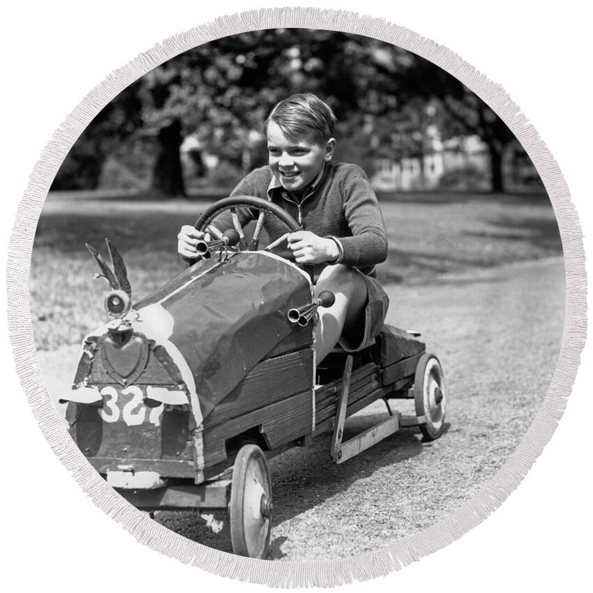 Sports Round Beach Towel featuring the photograph Boy In Homemade Race Car, C.1930s by H. Armstrong Roberts/ClassicStock