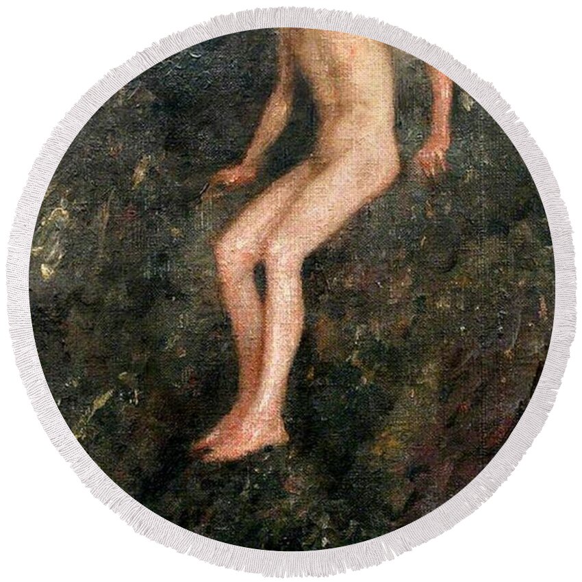 Nude Round Beach Towel featuring the painting Boy on Rocks by Henry Scott Tuke