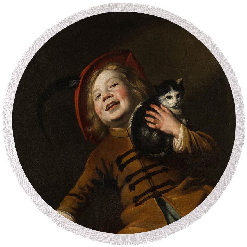 Boy With A Cat Round Beach Towel featuring the painting Boy with a cat by Judith Leyster