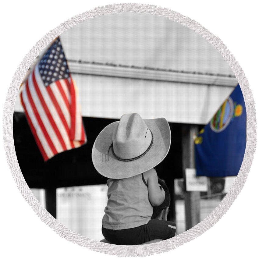 Cowboy Round Beach Towel featuring the photograph Boy with Two Flags by Catherine Sherman