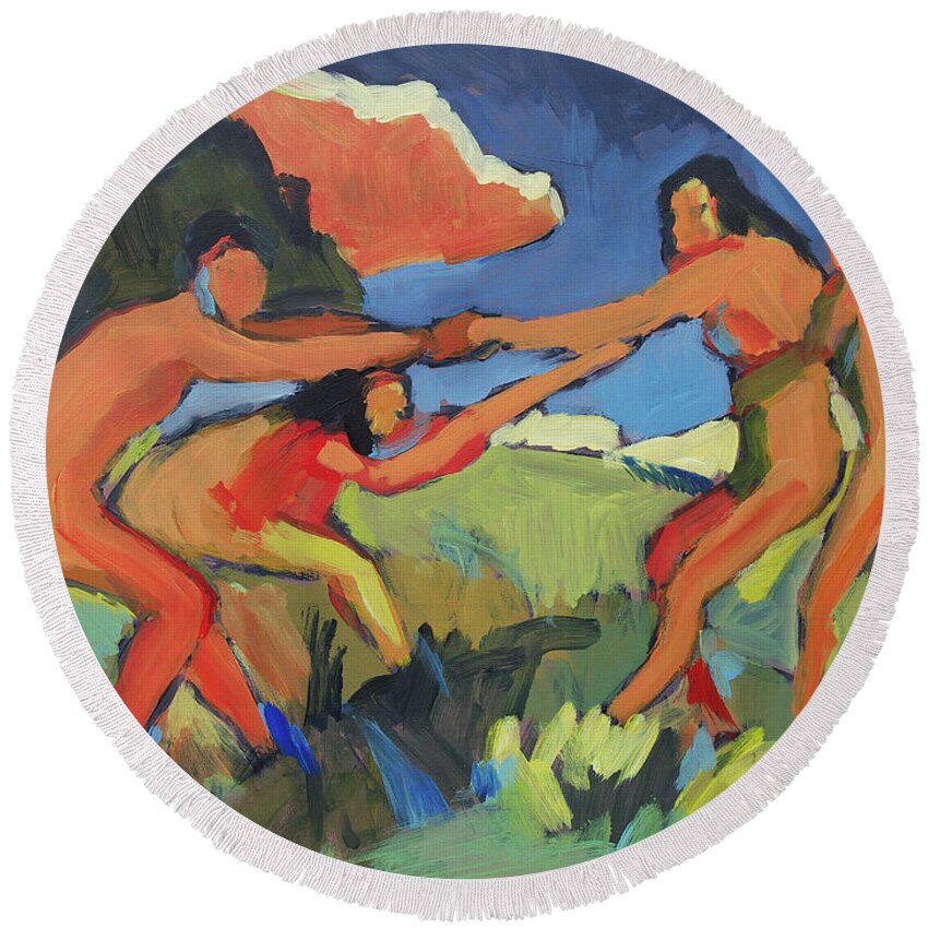 Kirchner Round Beach Towel featuring the painting Boys and girls playing by Nop Briex
