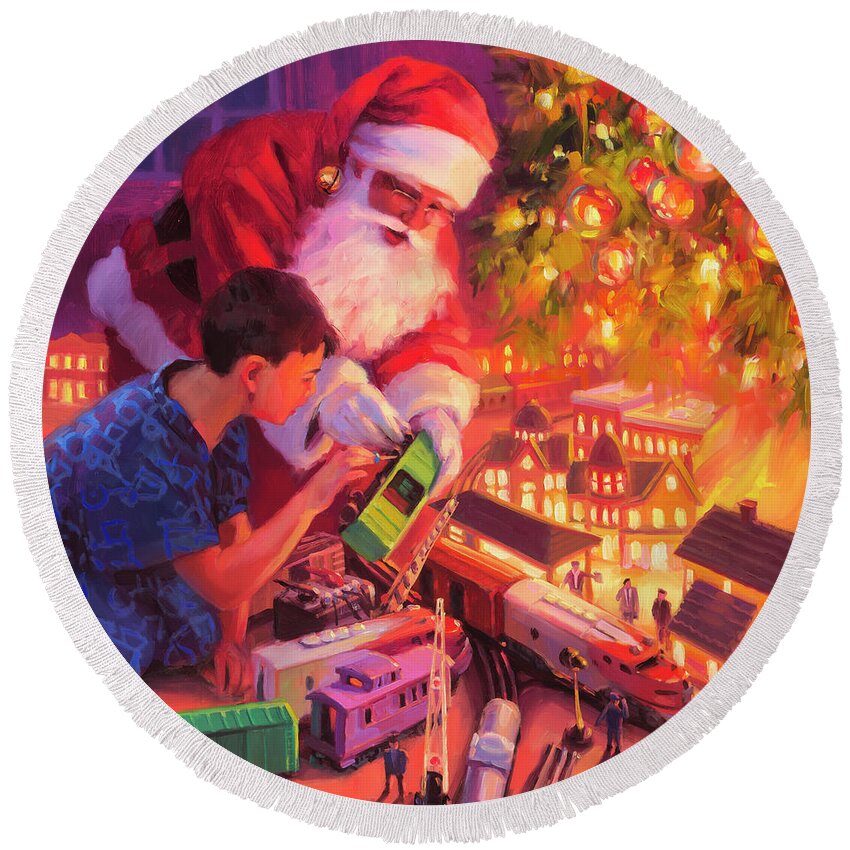 Santa Round Beach Towel featuring the painting Boys and Their Trains by Steve Henderson