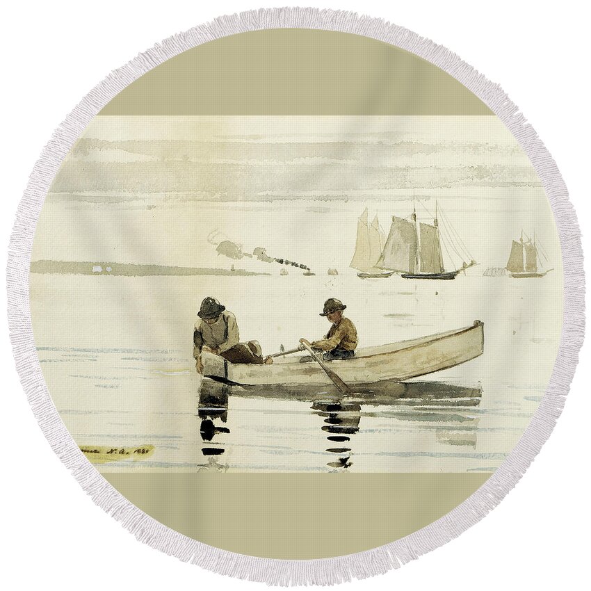 Winslow Homer Round Beach Towel featuring the drawing Boys Fishing by Winslow Homer