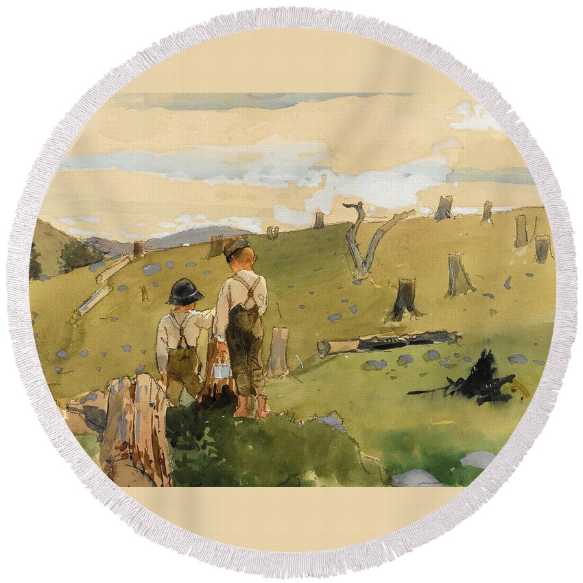 Winslow Homer Round Beach Towel featuring the drawing Boys on a Hillside by Winslow Homer