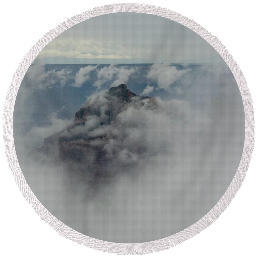 Grand Canyon Round Beach Towel featuring the photograph Brahma Temple in a sea of clouds by Gaelyn Olmsted