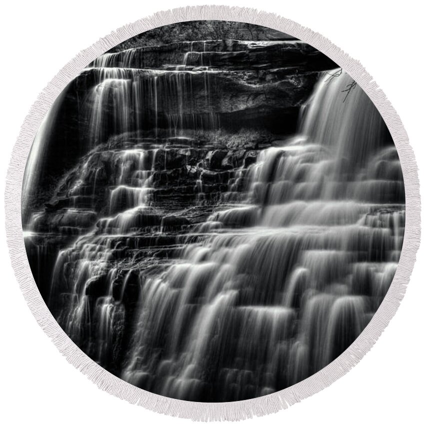 Ohio Round Beach Towel featuring the photograph Brandywine Falls at Cuyahoga Valley National Park B W by Roger Passman
