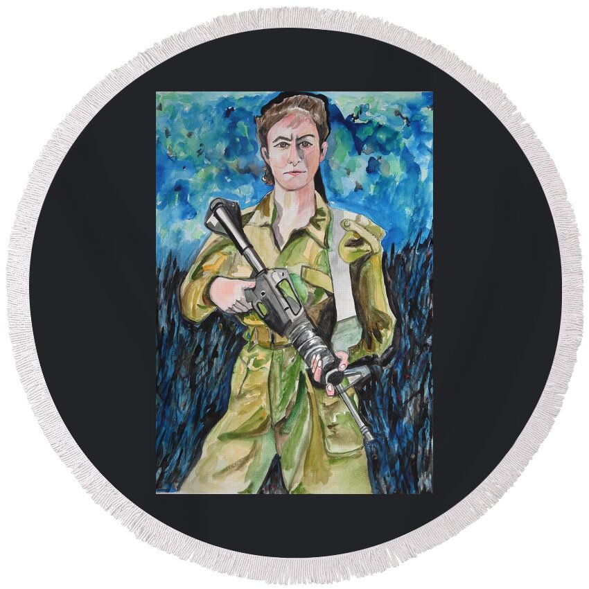 Bravado Round Beach Towel featuring the painting Bravado, an Israeli Woman Soldier by Esther Newman-Cohen