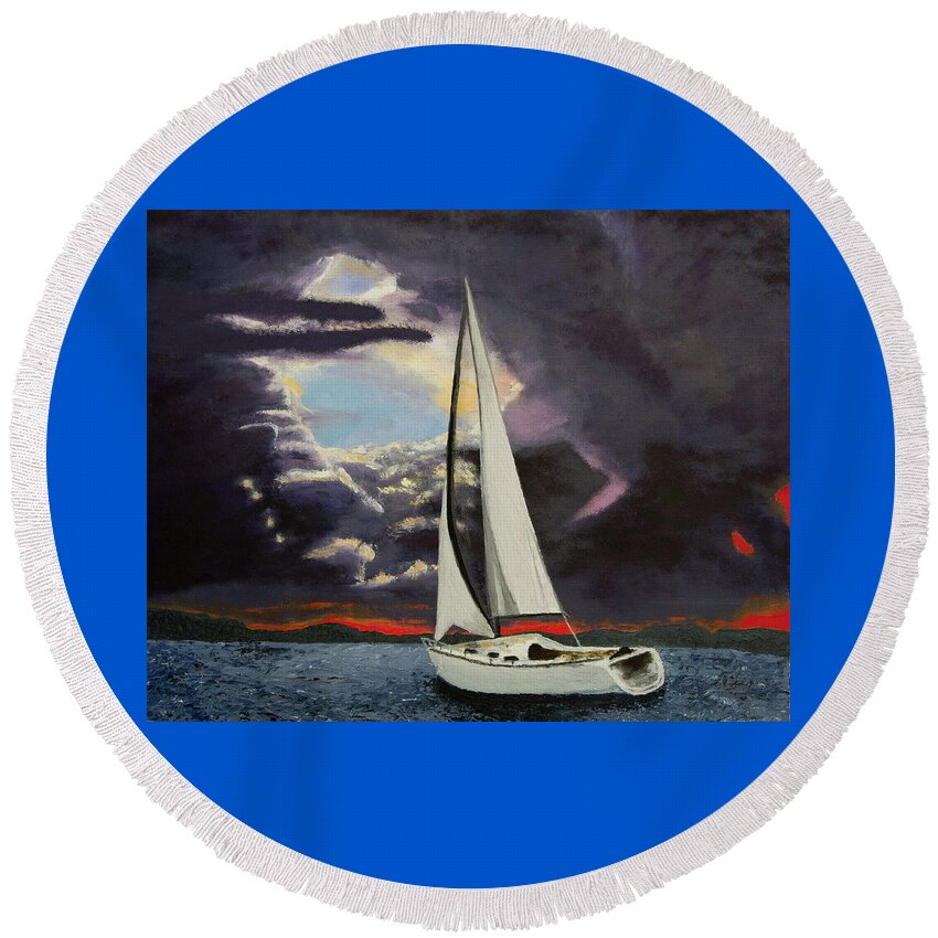 Sailing Round Beach Towel featuring the painting Break In The Clouds by Neil Gallagher