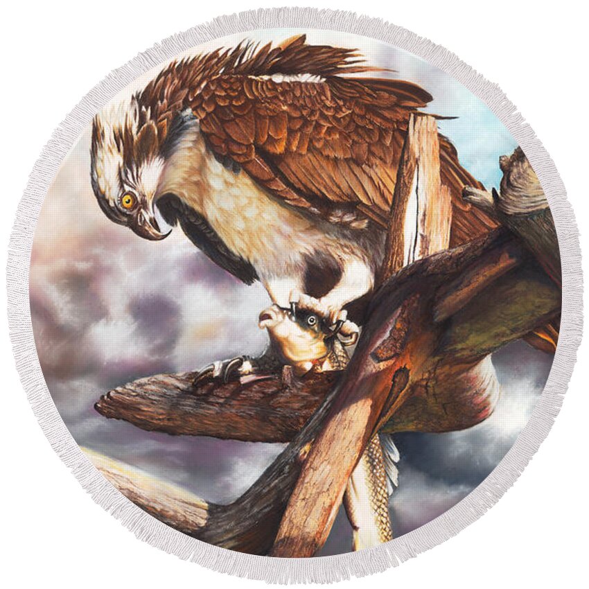 Osprey Round Beach Towel featuring the painting Breakfast In America by Peter Williams
