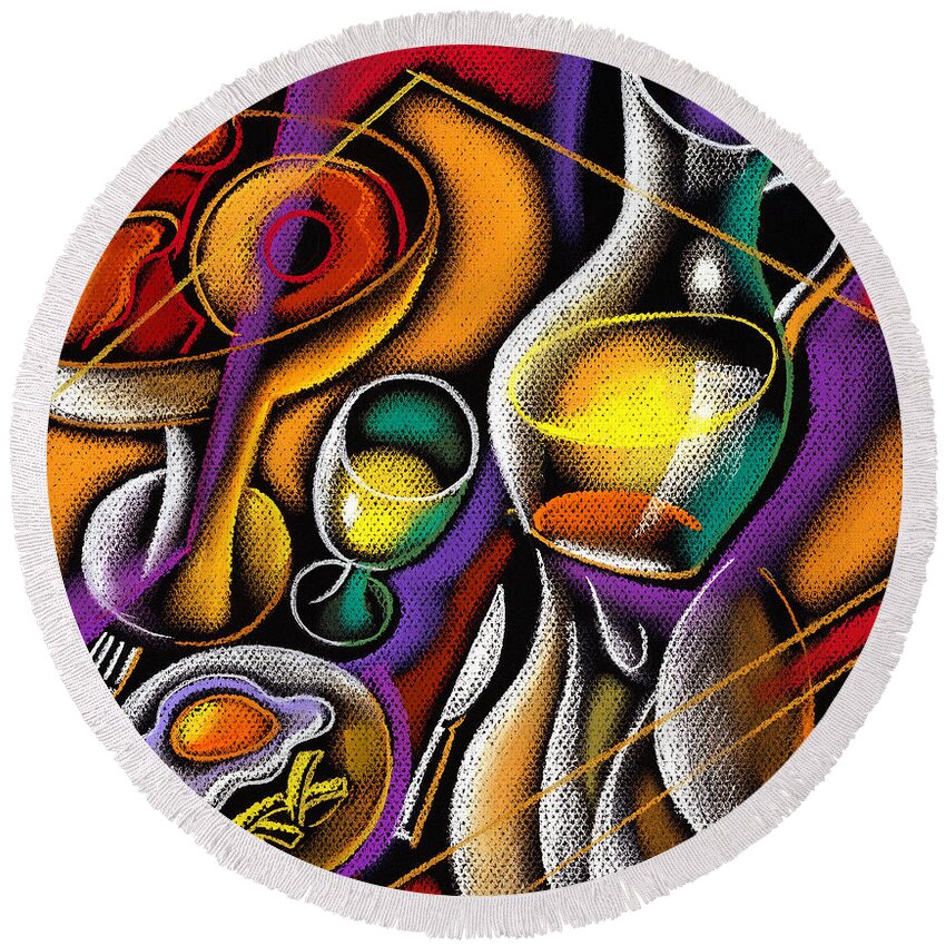 Balance Breakfast Cafe Carry Carrying Close Up Close-up Coffee Coffee Cup Color Color Image Colour Cup Dish Drawing Drink Food Food And Drink Fruit Glass Hand Healthy Eating High Angle High Angle View Hold Holding Illustration Illustration And Painting Juice One One Person People Person Plate Platter Restaurant Server Service Serving Tray Unrecognizable Person Vertical Waiter Decorative Painting Abstract Art Round Beach Towel featuring the painting Breakfast by Leon Zernitsky