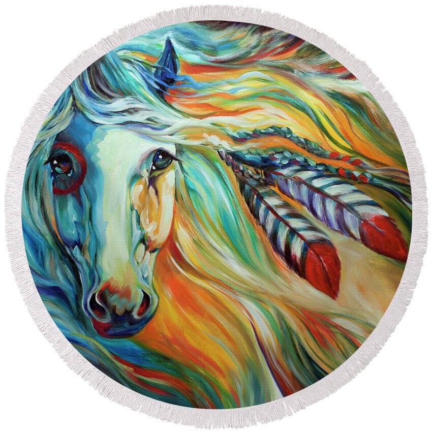 Horse Round Beach Towel featuring the painting Breaking Dawn Indian War Horse by Marcia Baldwin