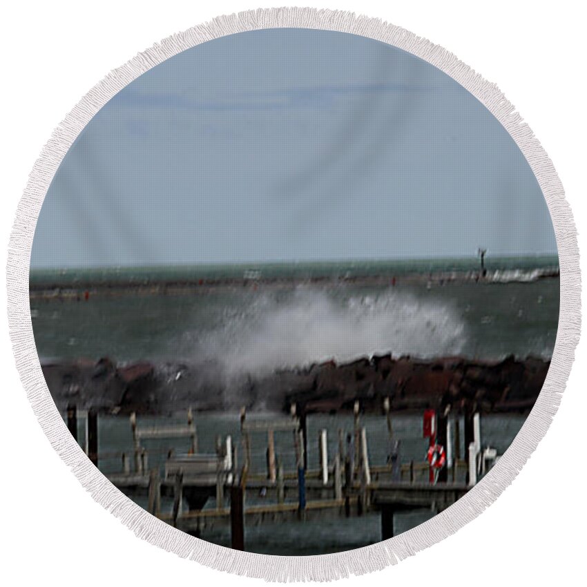 Landscape Round Beach Towel featuring the photograph Breakwall by Jean Wolfrum