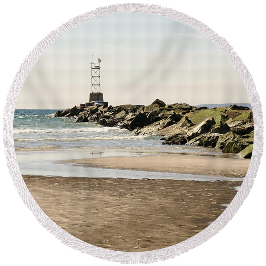 Breezy Point Round Beach Towel featuring the photograph Breezy Point Jetty with Pools by Maureen E Ritter
