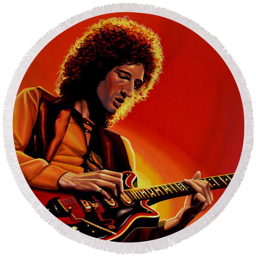 Brian May Round Beach Towel featuring the painting Brian May of Queen Painting by Paul Meijering