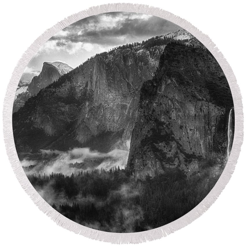 Yosemite Round Beach Towel featuring the photograph Bridalvail Falls and Half Dome by Anthony Michael Bonafede
