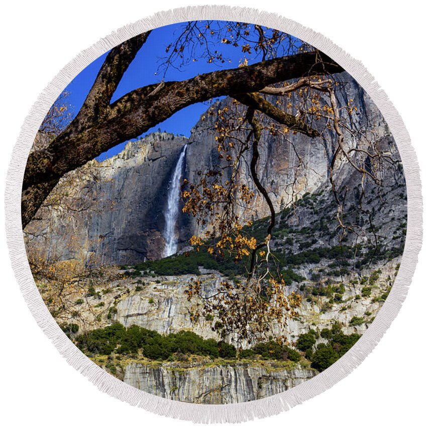  Fall Round Beach Towel featuring the photograph Yosemite Falls framed by tree branch by Roslyn Wilkins