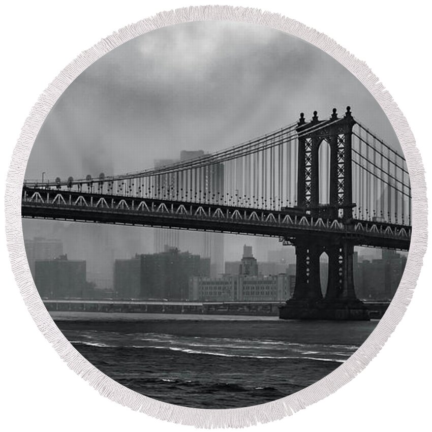 New York Round Beach Towel featuring the photograph Bridges in the Storm by Adam Reinhart