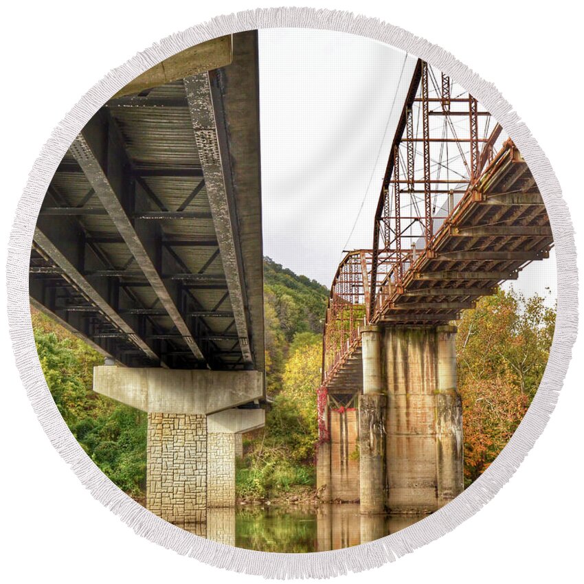 Bridge Round Beach Towel featuring the photograph Bridges - Old and New by Kerri Farley