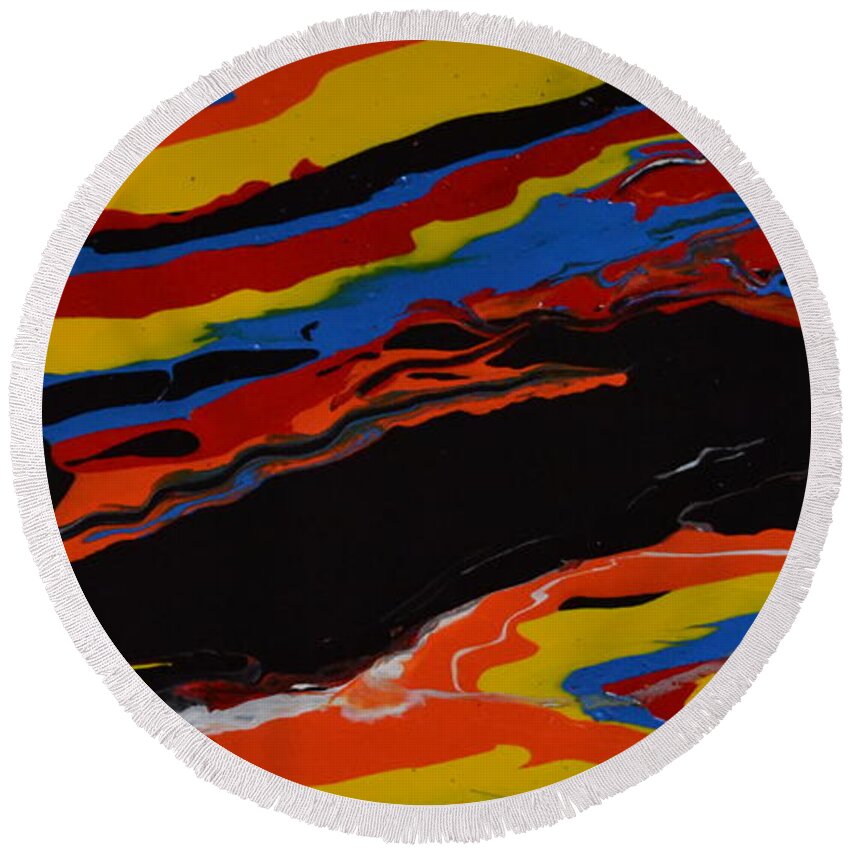 An Abstract Painting Using Acrylic Colors. The Technique Used For This Painting Was Flow Painting. Each Color Is Diluted With A Mixture Of Water And Flow Medium. The Colors Are Poured Onto The Canvas. Once They Are All Pored The Canvas Is Moved To Create The Pattern. Round Beach Towel featuring the painting Bright Waves by Martin Schmidt