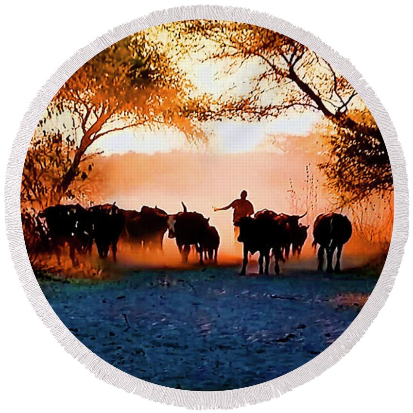 Africa Round Beach Towel featuring the photograph Bringing In The Herd by CHAZ Daugherty