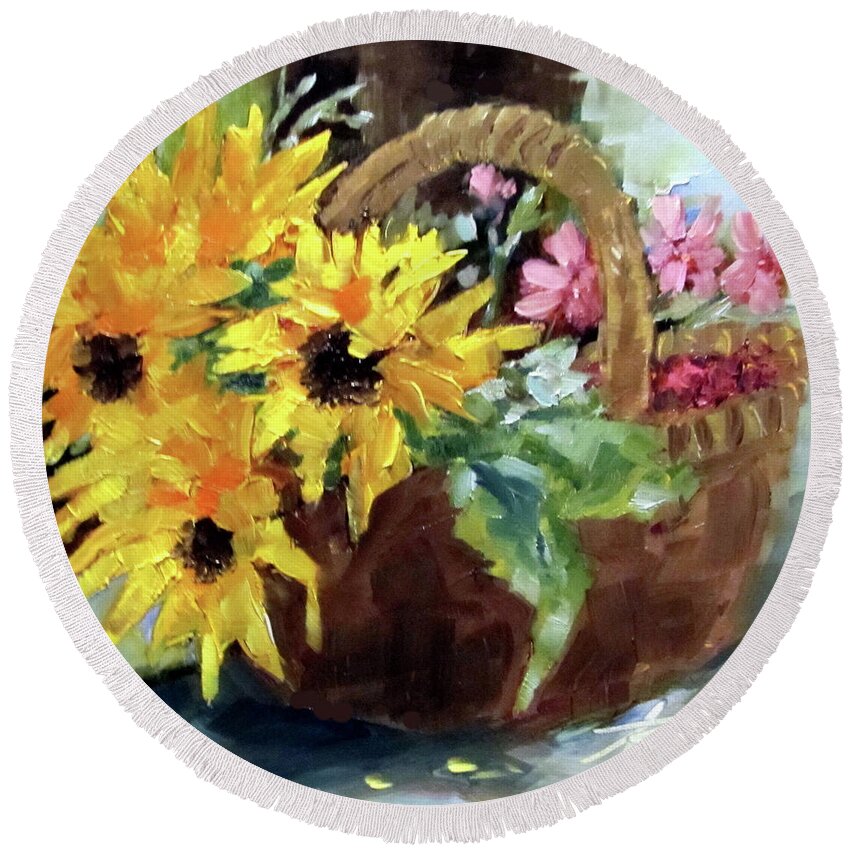 Sunflowers Round Beach Towel featuring the painting Bringing In The Sunshine by Adele Bower