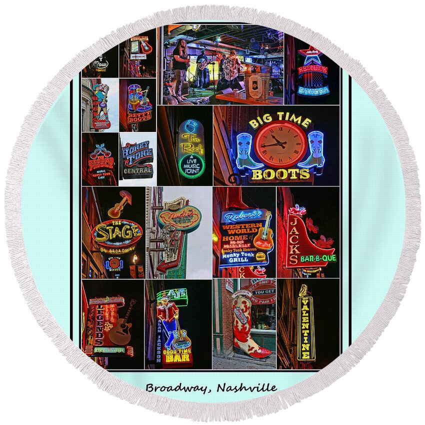 City Round Beach Towel featuring the photograph Broadway, Nashville - Collage # 2 by Allen Beatty