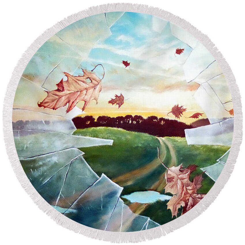 Window Round Beach Towel featuring the painting Broken Pane by Christopher Shellhammer