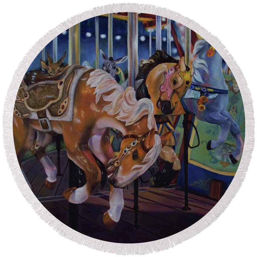 Bronc Busting 101 Round Beach Towel featuring the painting Bronc Busting 101 by Lori Brackett