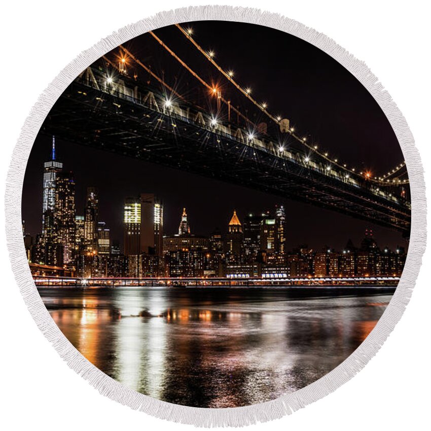 Brooklyn And Manhattan Bridge Round Beach Towel featuring the photograph Brooklyn and Manhattan Bridge by Jaime Mercado