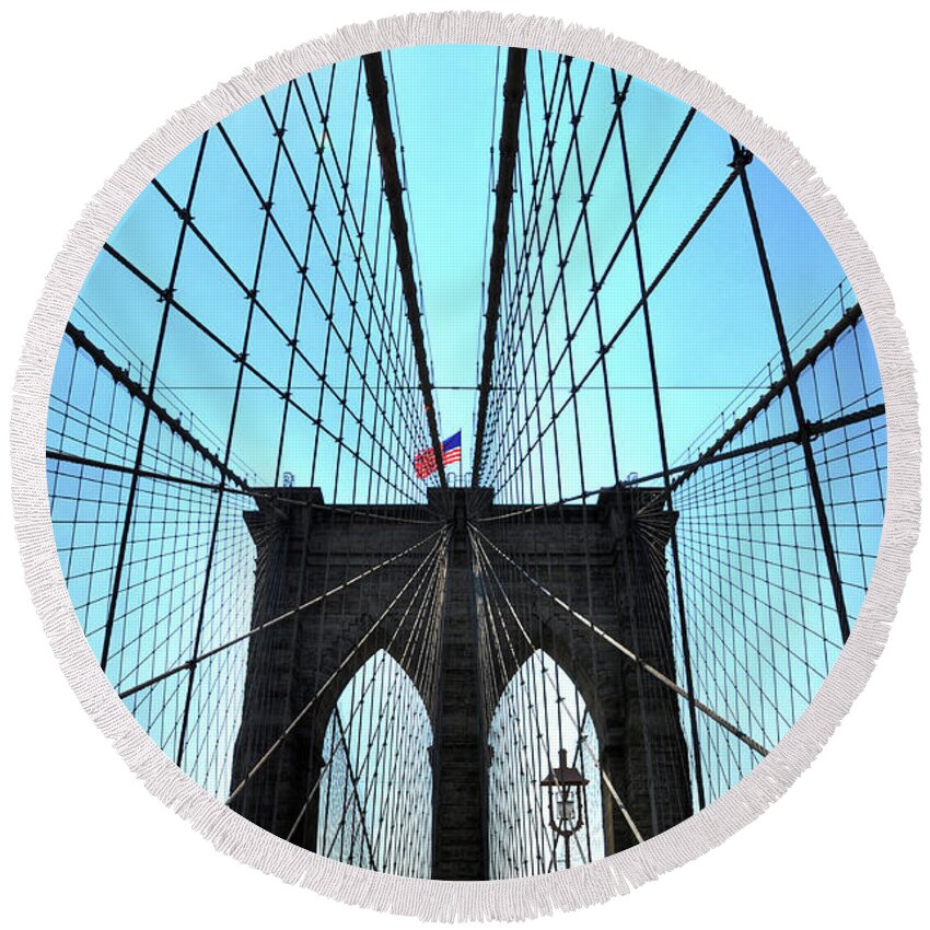 New York City Round Beach Towel featuring the photograph Brooklyn Bridge by Kelly Wade