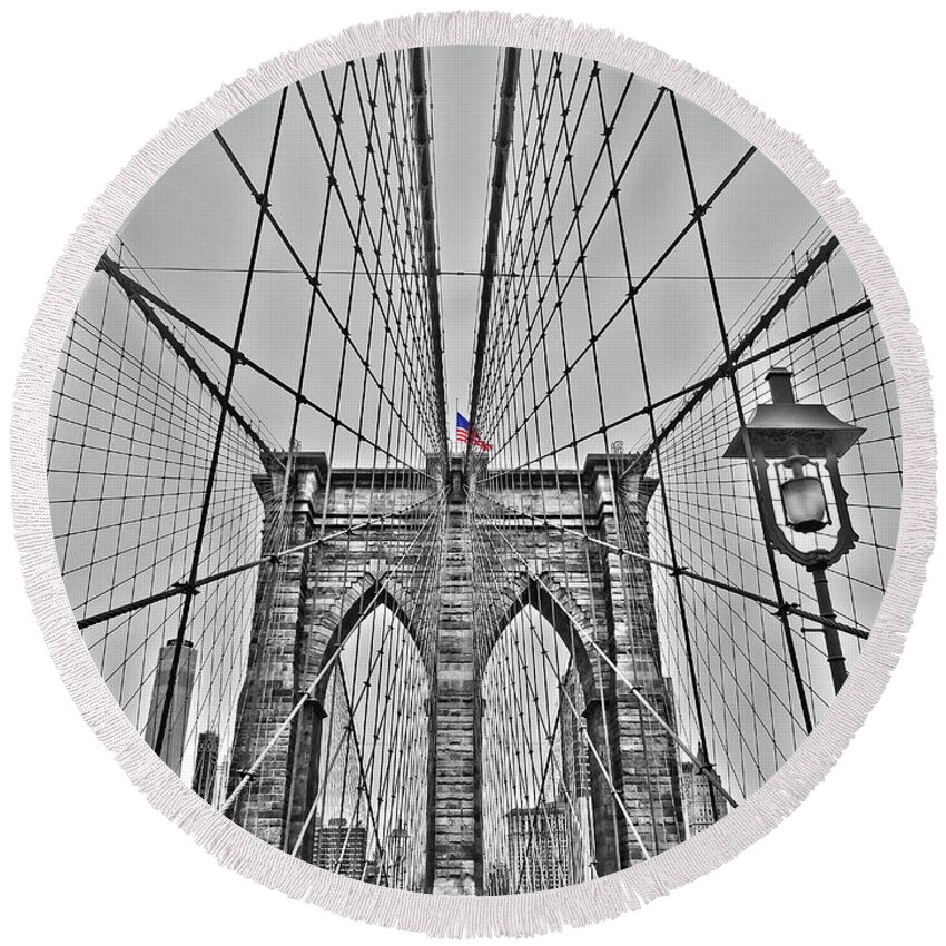 North America Round Beach Towel featuring the photograph Brooklyn Bridge - NYC by Juergen Weiss