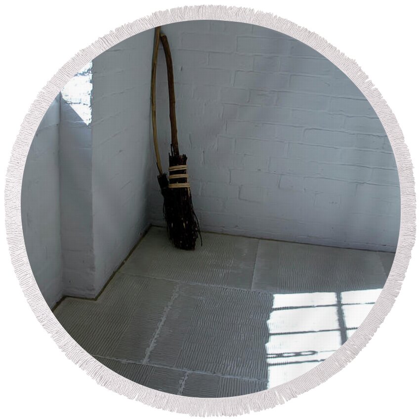 Broom Round Beach Towel featuring the photograph Broom in a corner. by Elena Perelman