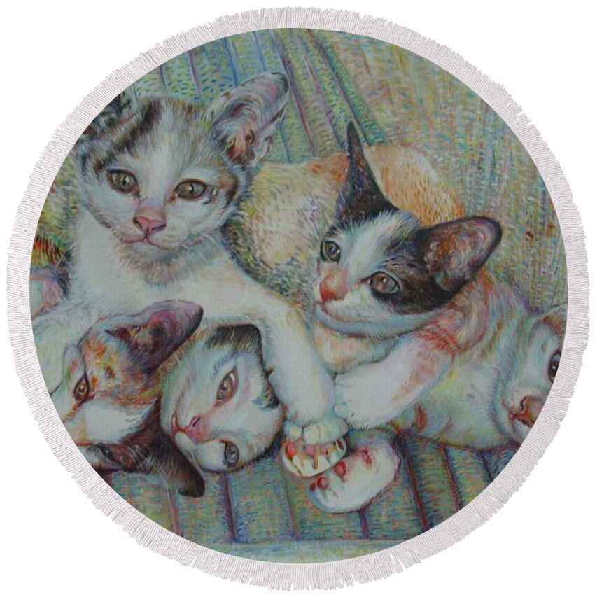 Cats Round Beach Towel featuring the painting Brothers and Sisters by Sukalya Chearanantana