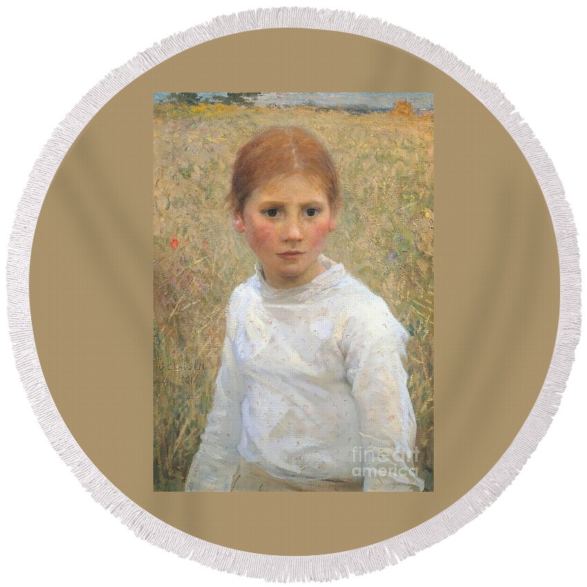 George Clausen - Brown Eyes 1891 Round Beach Towel featuring the painting Brown Eyes by MotionAge Designs