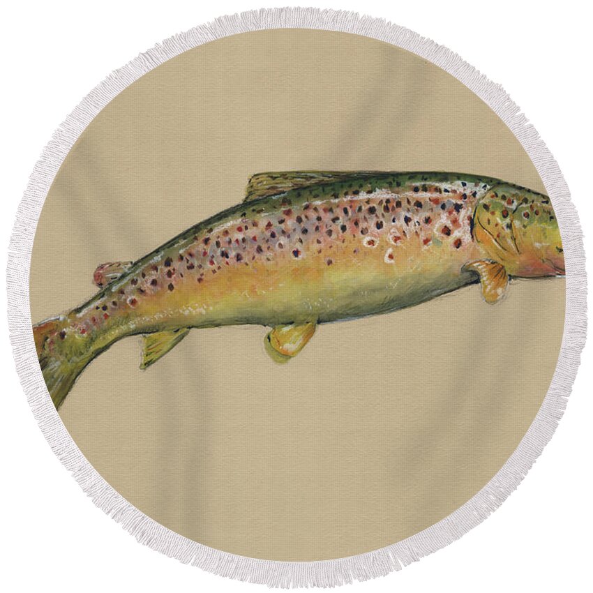 Trout Art Round Beach Towel featuring the painting Brown trout jumping by Juan Bosco