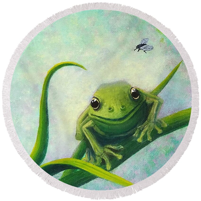 Bruce's Round Beach Towel featuring the painting Bruce's Frog by Sarah Irland