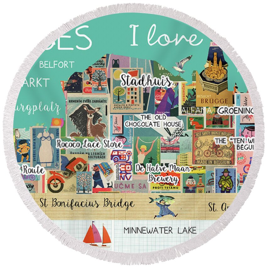 Bruges I Love You Round Beach Towel featuring the mixed media Bruges I love you by Claudia Schoen