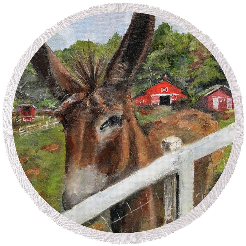 Donkey Round Beach Towel featuring the painting Bubba - Steals the Show -Donkey by Jan Dappen