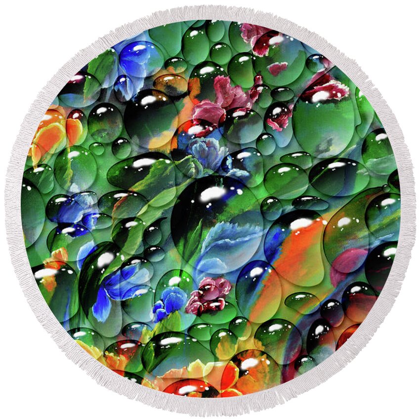 Mixed Media Bubbles Flowers Painting Drops Round Beach Towel featuring the digital art Bubbles on the Dreamfield by Medea Ioseliani