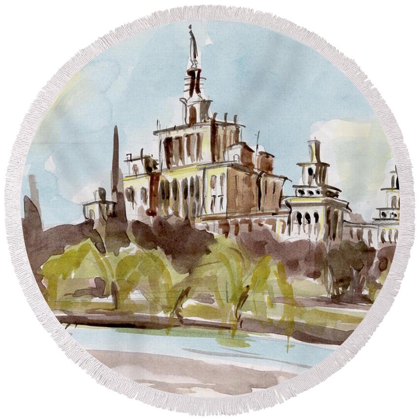 Landscape Round Beach Towel featuring the painting Bucharest by Oana Godeanu