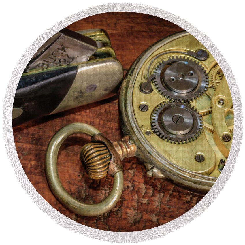 Pocket Watch Round Beach Towel featuring the photograph Buck Knife And Watch by Ray Congrove
