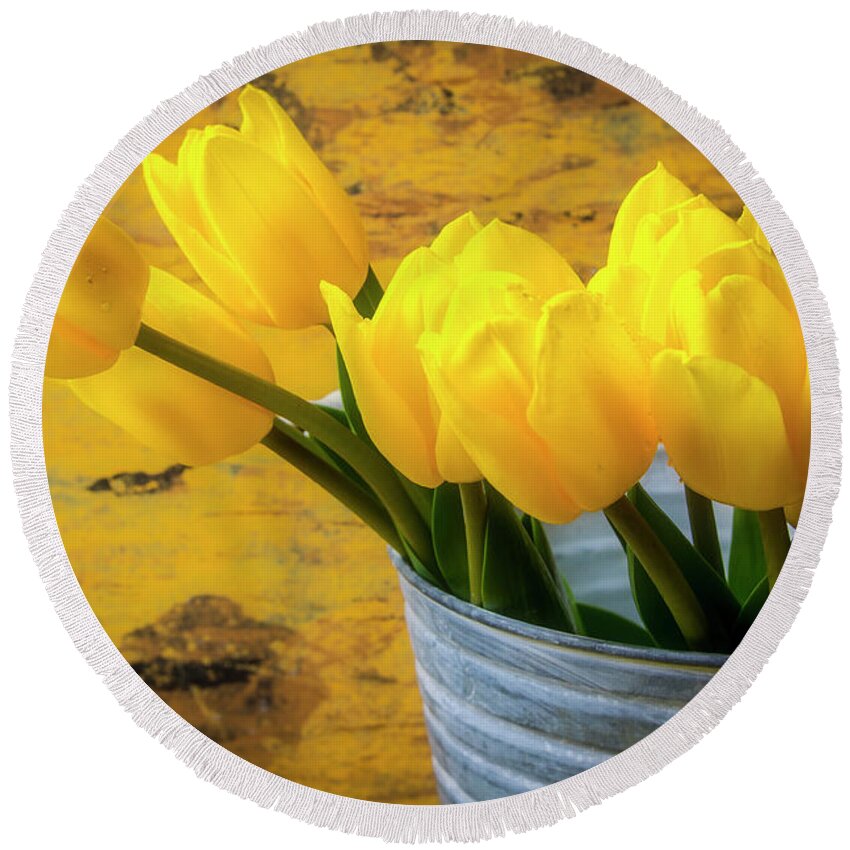 Tulip Round Beach Towel featuring the photograph Bucket Of Tulips by Garry Gay