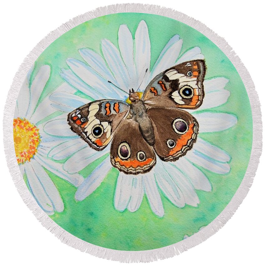 Butterfly Round Beach Towel featuring the painting Buckeye on Oxeye by Sonja Jones