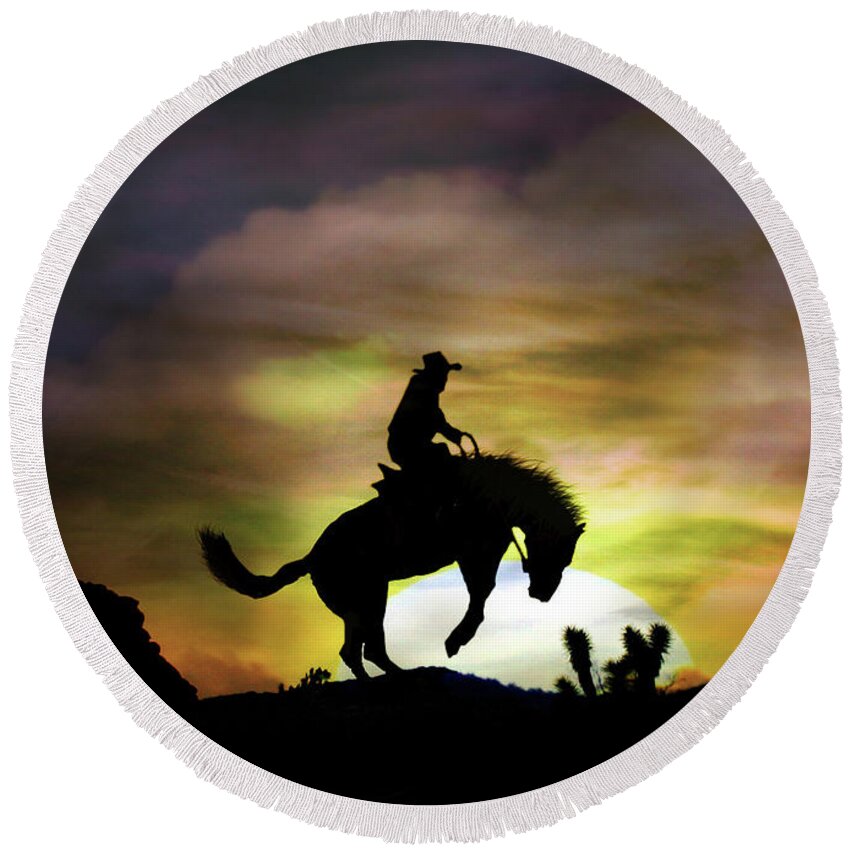 Horse Round Beach Towel featuring the photograph Bucking Horse and Cowboy in Southwestern Sunset by Stephanie Laird