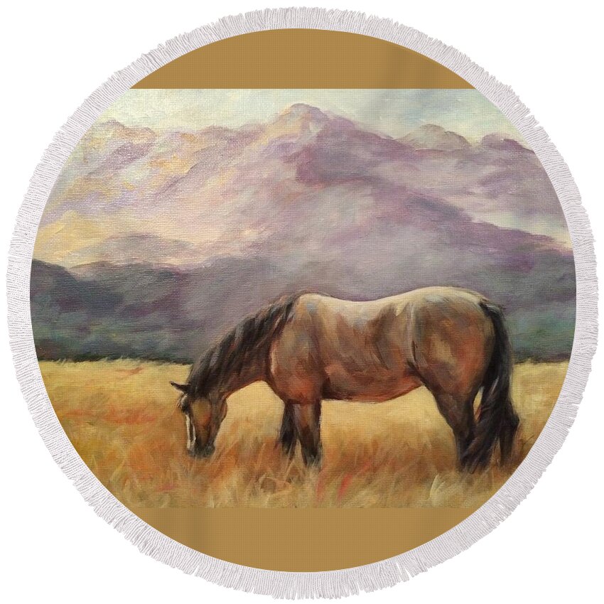 Joan Frimberger Round Beach Towel featuring the painting Buckskin In The Meadow by Joan Frimberger